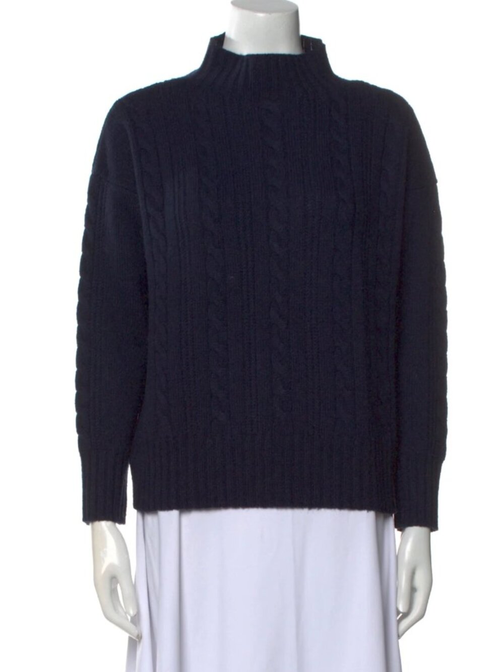 Max Mara Studio Cable Knit Mock Neck Sweater Navy Blue Wool Blend Medium